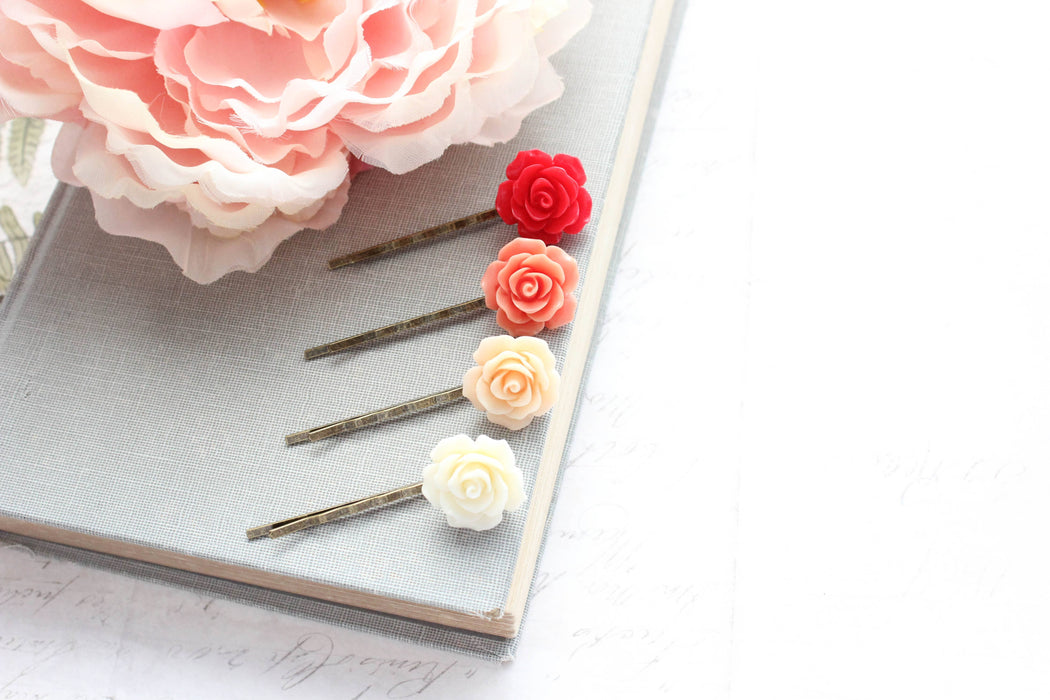 Flower Hair Pins | Ombre Set | Red Coral and Peach Roses