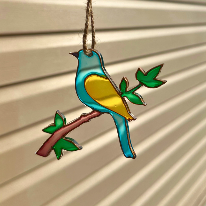 Blue Bird Suncatcher, Hand painted blue bird on acrylic