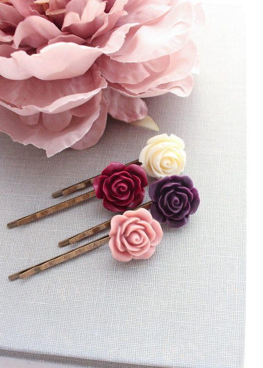 Rose Bobby Pins - Maroon and Purple