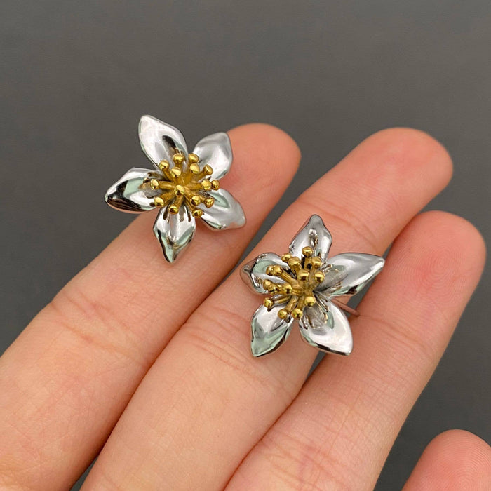 Two Tone 18K Gold Plated S.Steel Flower Ear Studs
