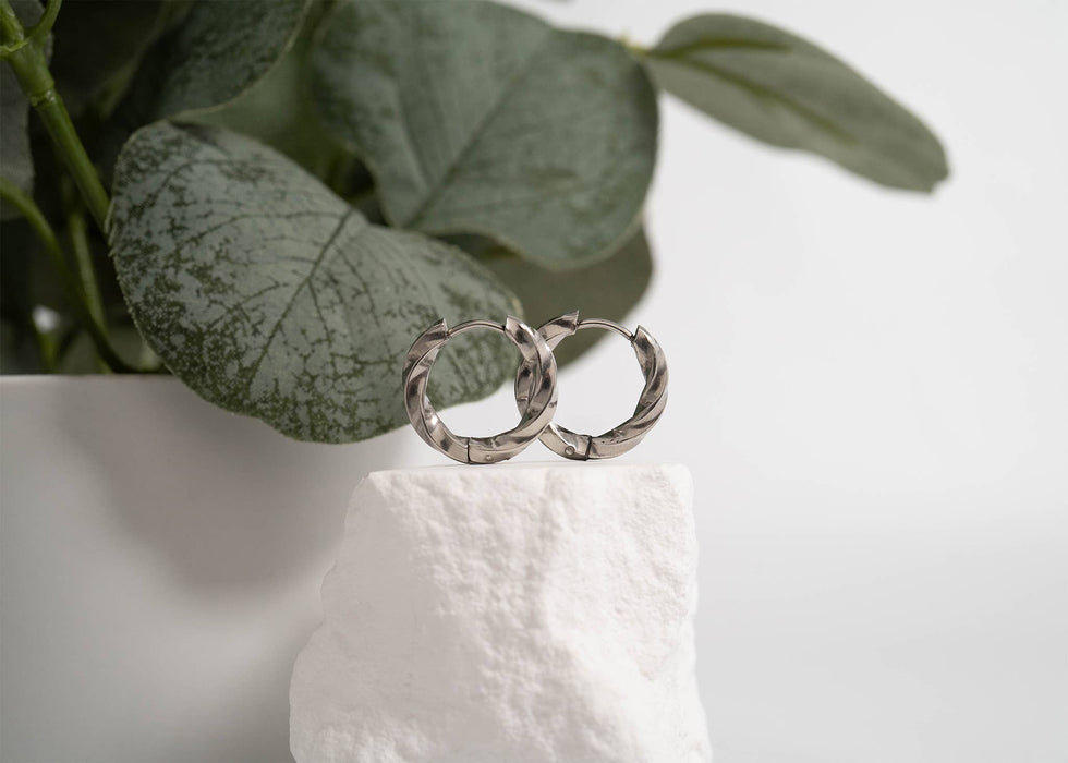 18K Gold PVD Stainless Steel Textured Twisted Huggie Hoop Earrings