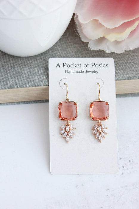 Art Deco Earrings | Square Jewel with Glass Leaf Drop