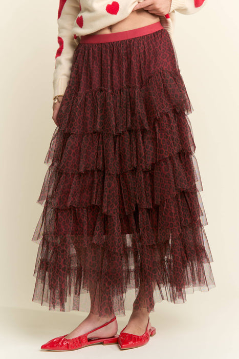 TIERED TULLE MESH MAXI-MIDI SKIRT