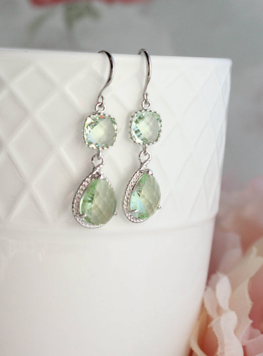 Light Green Glass Dangle Earrings | Two Jewel Teardrop
