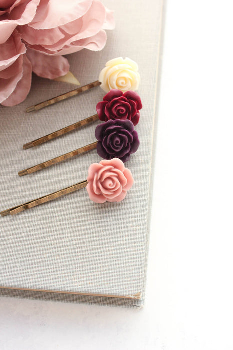 Rose Bobby Pins - Maroon and Purple