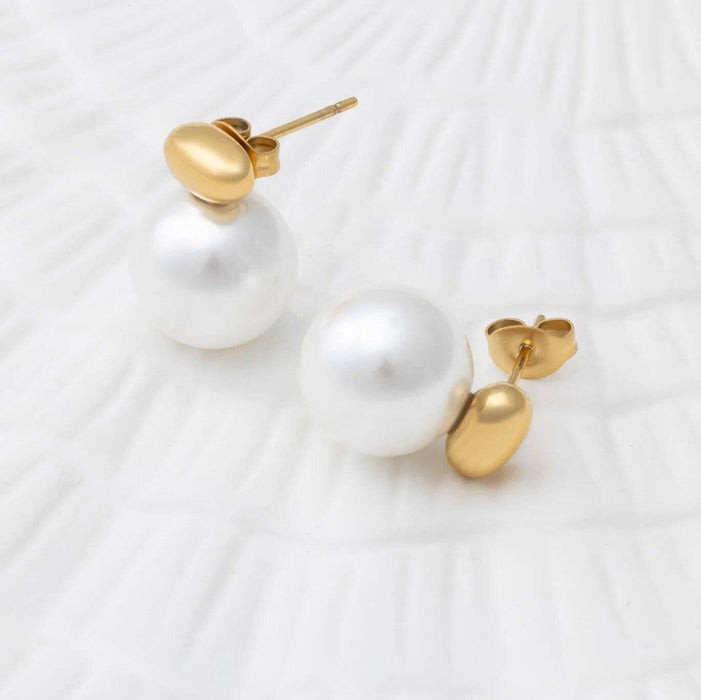 18K Gold PVD Stainless Steel 12mm glass Pearl Stud Earrings