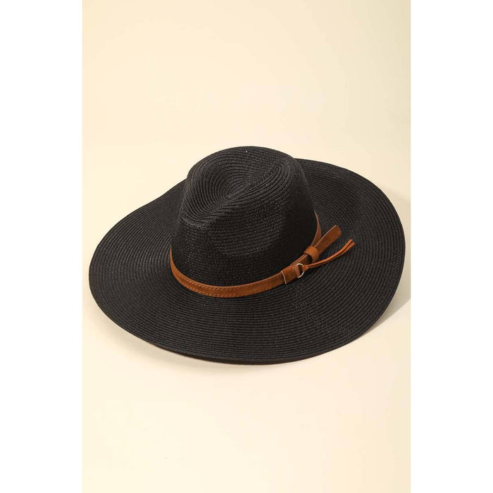Faux Leather Belt Straw Fedora Hat