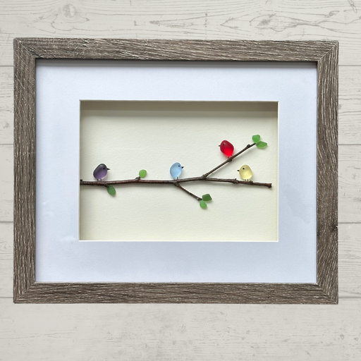 Family Birds Art, 3D Pebbles Tumbled Glass, Birds on Branch