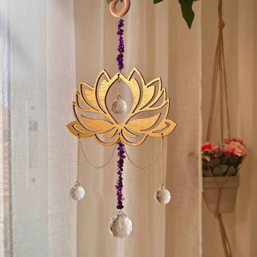 Lotus Amethyst Suncatcher - Wooden Crystal Gift Decor