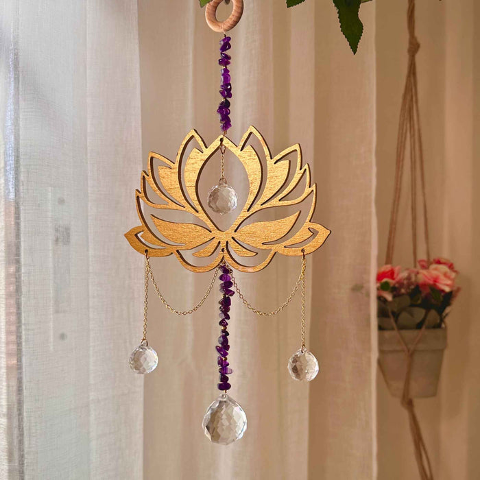 Lotus Amethyst Suncatcher - Wooden Crystal Gift Decor