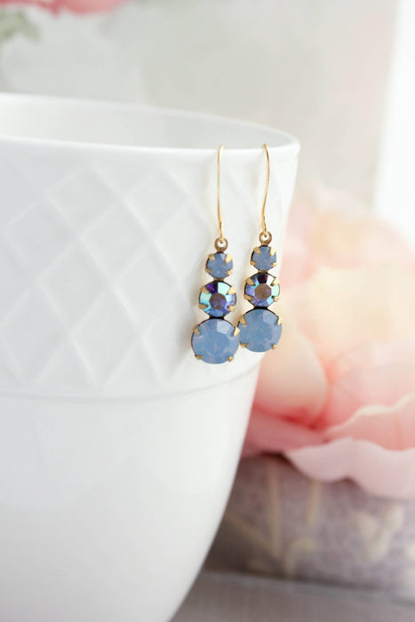 Vintage Glass Earrings -Three Jewel - Shades of Blue
