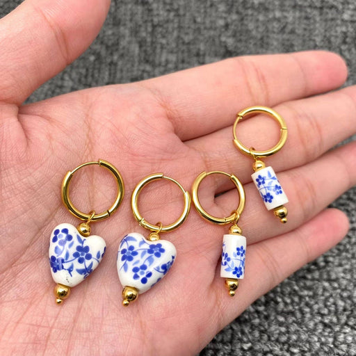 Blue and White Porcelain 18K Golden SS Huugie Earrings - FGS