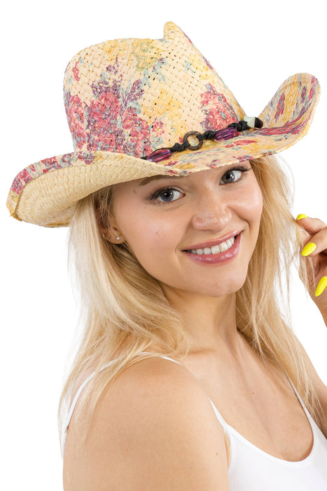 Floral Print Raffia Straw Cowboy Hat