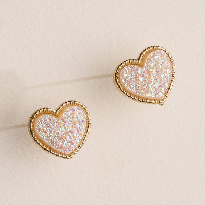 Druzy Heart Stud Earrings in Gold Trim