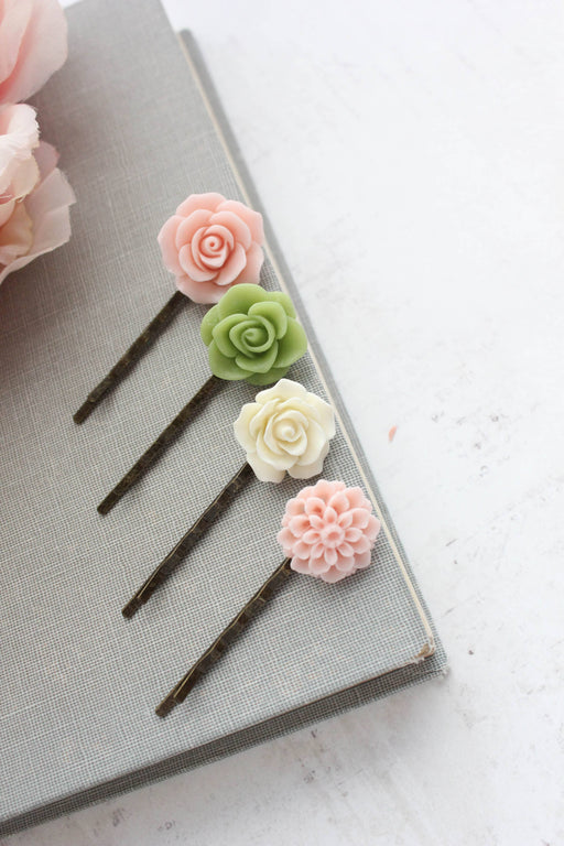 Flower Hair Pins - Pink and Green