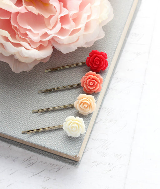Flower Hair Pins | Ombre Set | Red Coral and Peach Roses