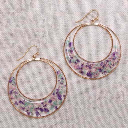Purple Mint Posy Dried Flower Circle Earrings