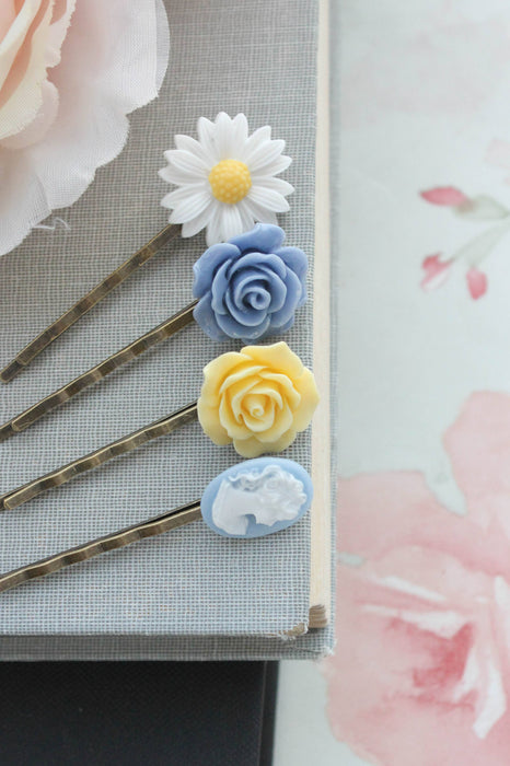 Flower Bobby Pins - Blue and Yellow