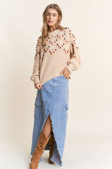 Eyelet Cable Knit  PomPom Knit Sweater Top