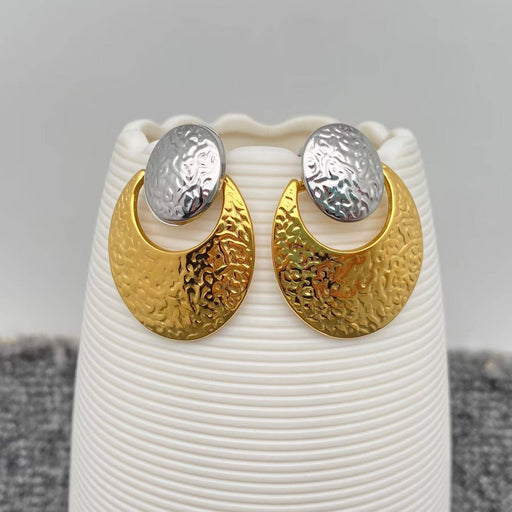 18K Golden SS Hammered Texture Two Tone Post Earrings - FGS