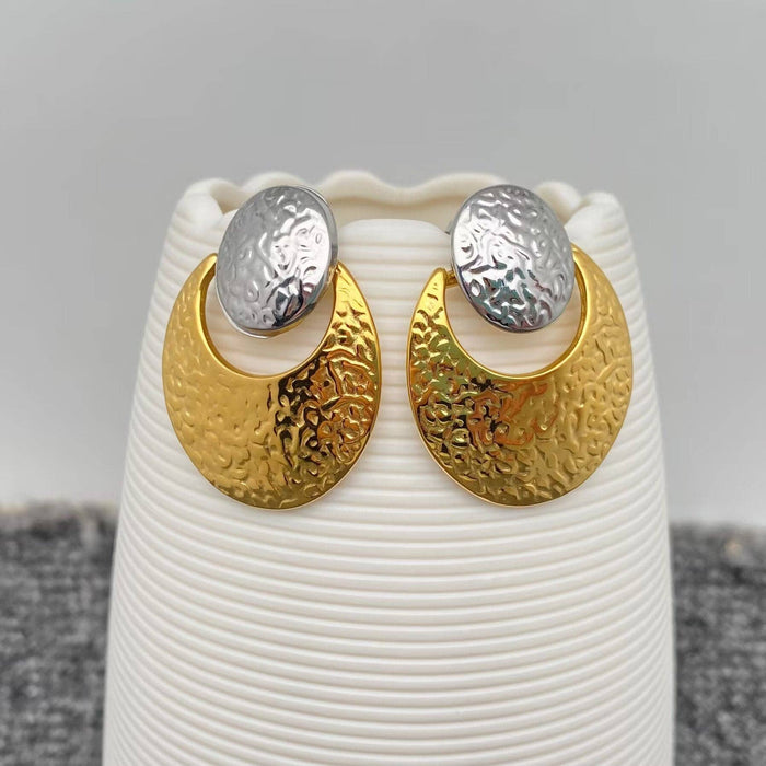 18K Golden SS Hammered Texture Two Tone Post Earrings - FGS