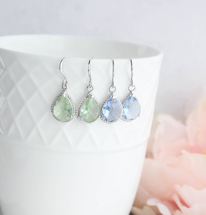 Glass Drop Earrings | Light Blue Silver