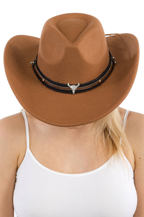 Buffalo Skull Belt Tycoon Retro Faux Wool Felt Cowboy Hat