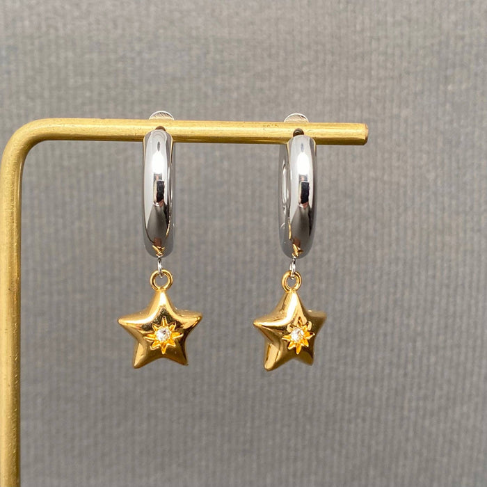 CZ Inlaid Star Two Tone 18K Golden SS Huggie Earrings-FGS/MS