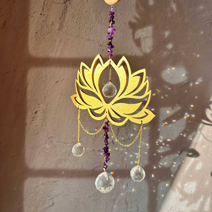 Lotus Amethyst Suncatcher - Wooden Crystal Gift Decor