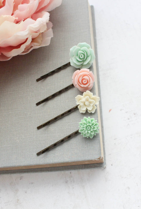 Flower Bobby Pins | Pastel Pink and Mint | Floral Hair Pins