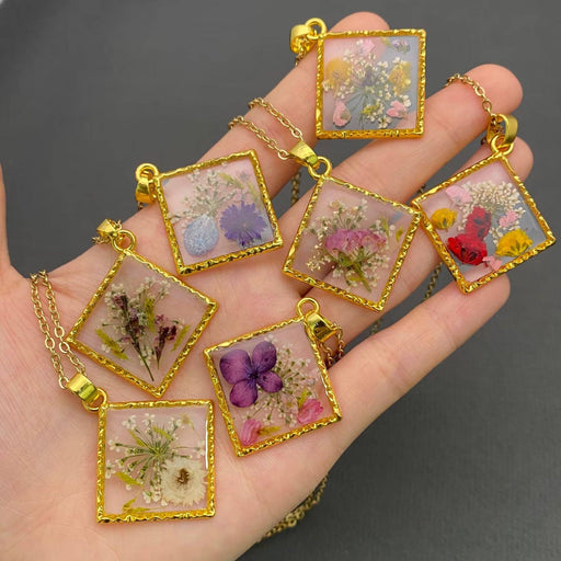 Dried Flower Rhombus Charm 18K Gold Plated Necklace