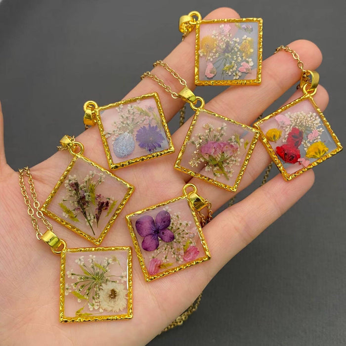 Dried Flower Rhombus Charm 18K Gold Plated Necklace