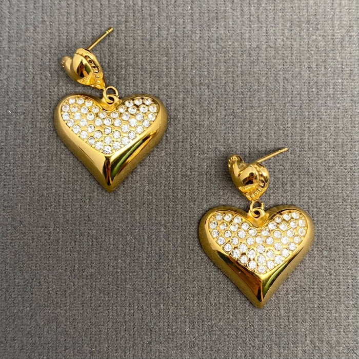 Zircon Inlaid Heart 18K Gold Plated S.Steel  Earrings