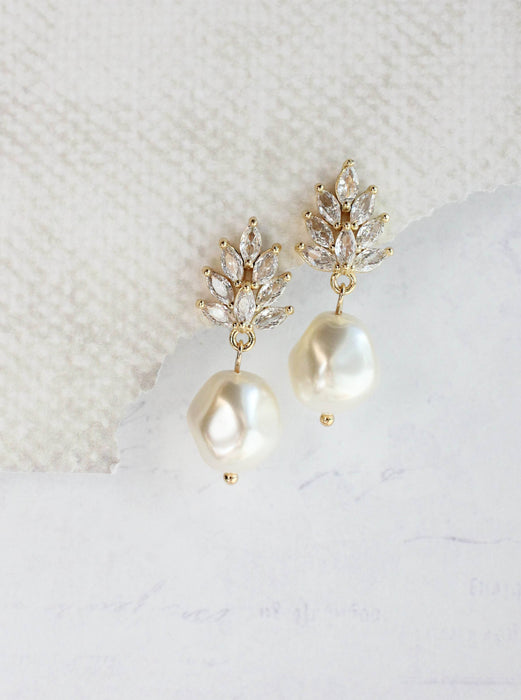 Glass Leaf Post Earrings | Baroque Pearl | Gold or Silver
