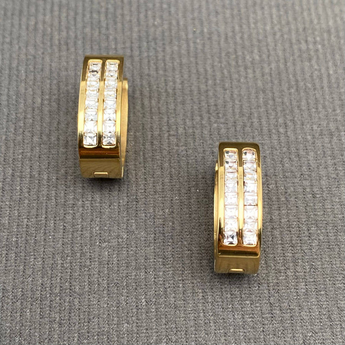 Zircon Inlaid 18K Gold Plated S.Steel Huggie Earrings