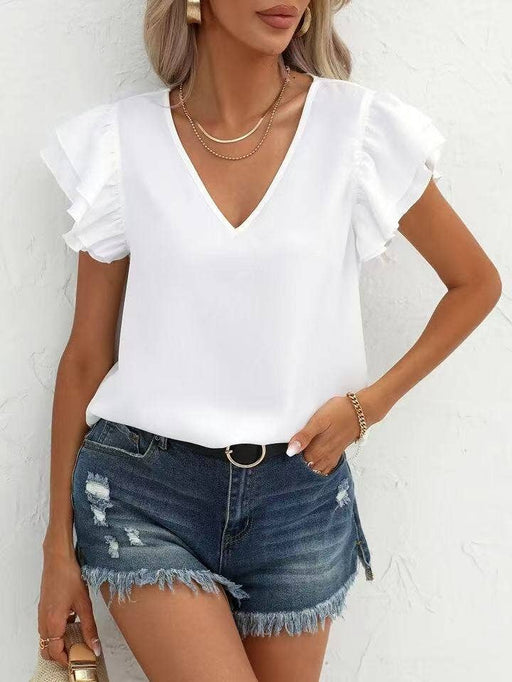 V neck ruffle short sleeve blouse