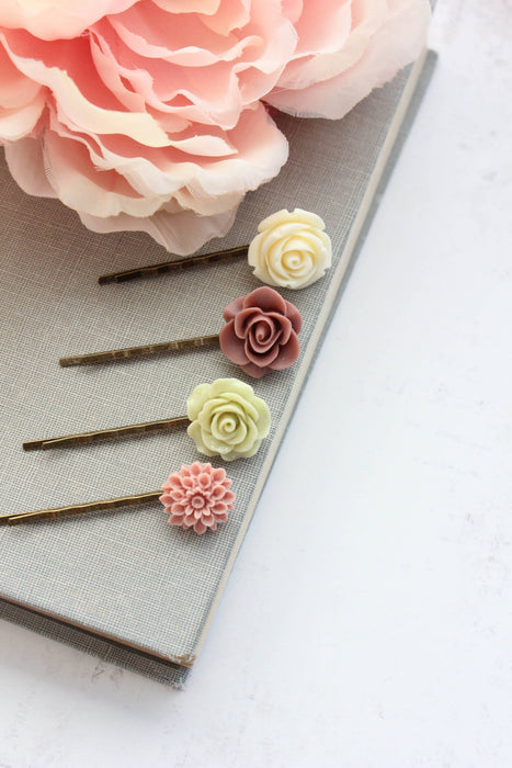Flower Bobby Pins | Rose Hair Pins | Dusty Rose and Green