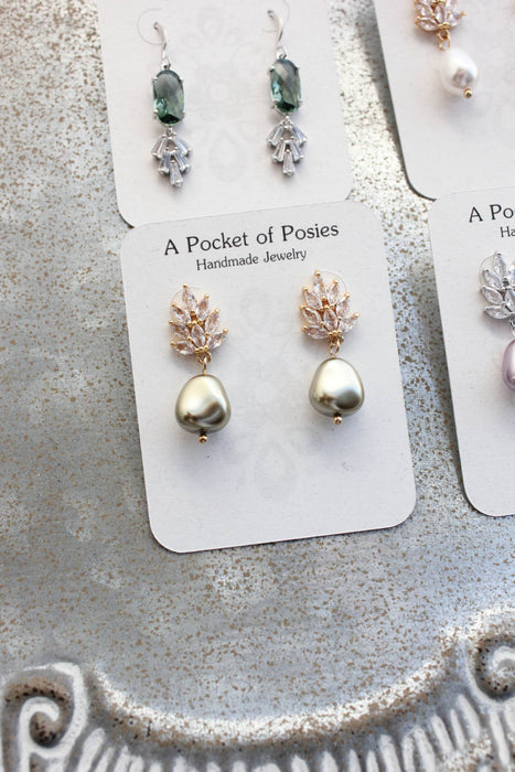 Glass Leaf Post Earrings - Pearl Drop