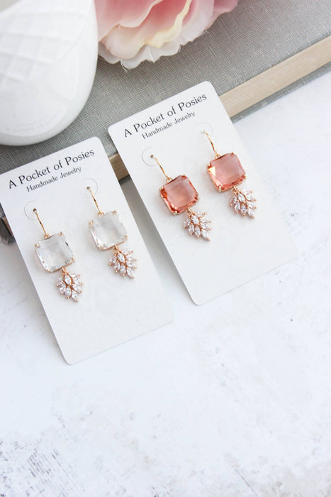 Art Deco Earrings | Square Jewel with Glass Leaf Drop