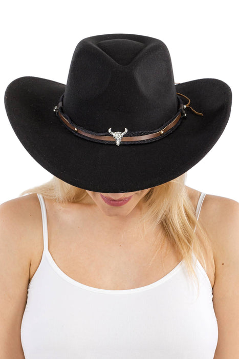 Buffalo Skull Belt Tycoon Retro Faux Wool Felt Cowboy Hat