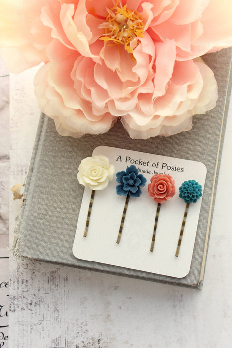 Flower Bobby Pins | Blue and Coral | Flowers for Hair