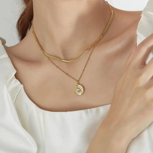 18K Gold Plated Stainless Steel Layered Necklace with Stone
