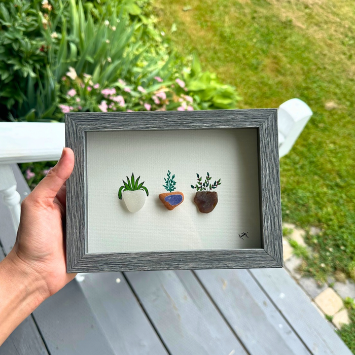 Framed Pebble Art Succulent Trio – Handmade Stone Planter