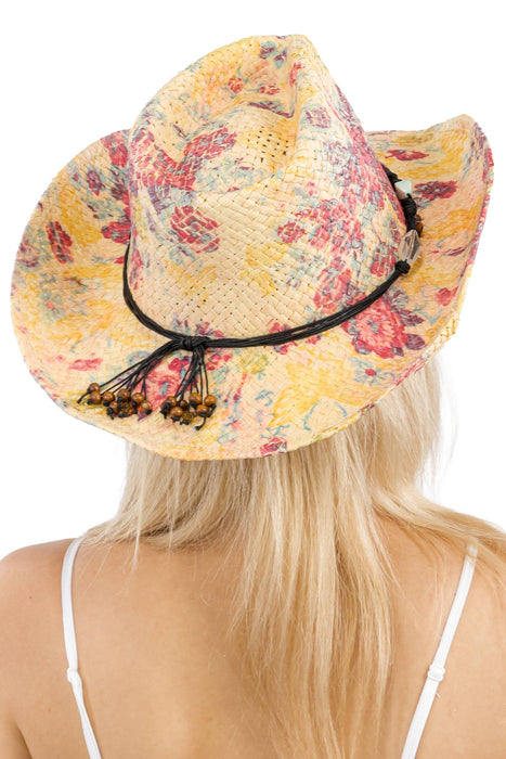 Floral Print Raffia Straw Cowboy Hat