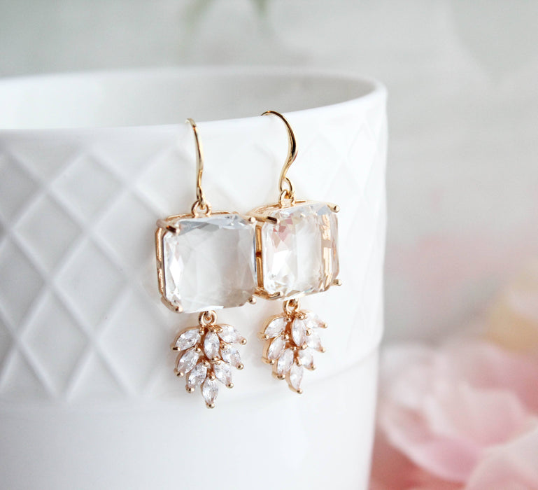 Art Deco Earrings | Square Jewel with Glass Leaf Drop
