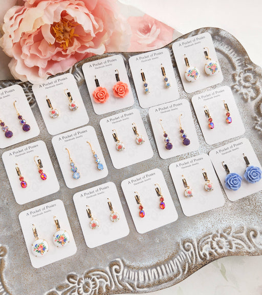 Little Blue Rose Cameo Earrings | Vintage Glass | Lever back