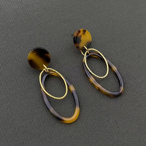 Leopard Color Resin & Metal Double Ring Dangle Earrings