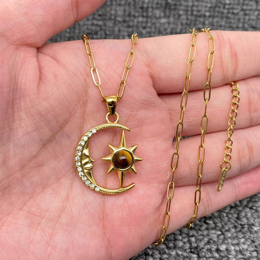 Tiger's Eye & CZ Star Moon 18K Golden SS Necklace - FGS/MS