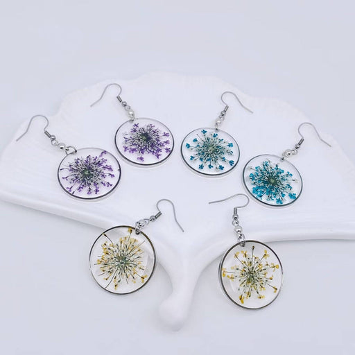 Queen Anne's Lace Round Pendant Dried Flowers Earrings - PDF