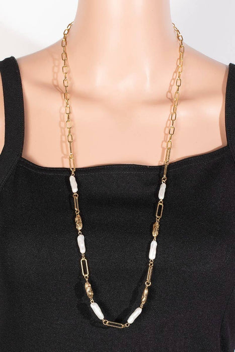 Pearl And Metallic Bar Chain Long Necklace Set